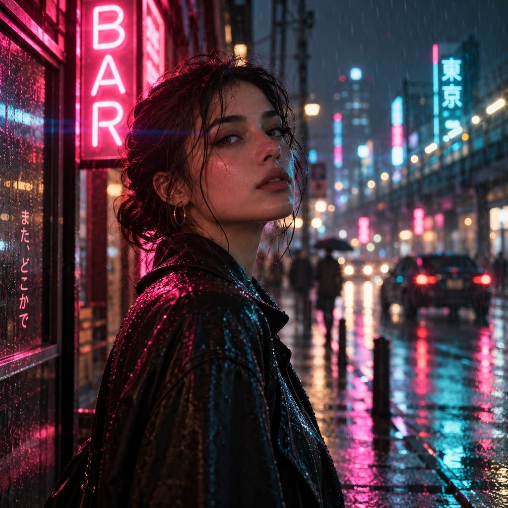 Cinematic neon street portrait: example image made from this prompt