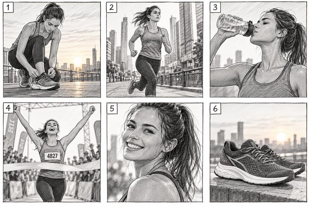 Six-panel storyboard: example image made from this prompt