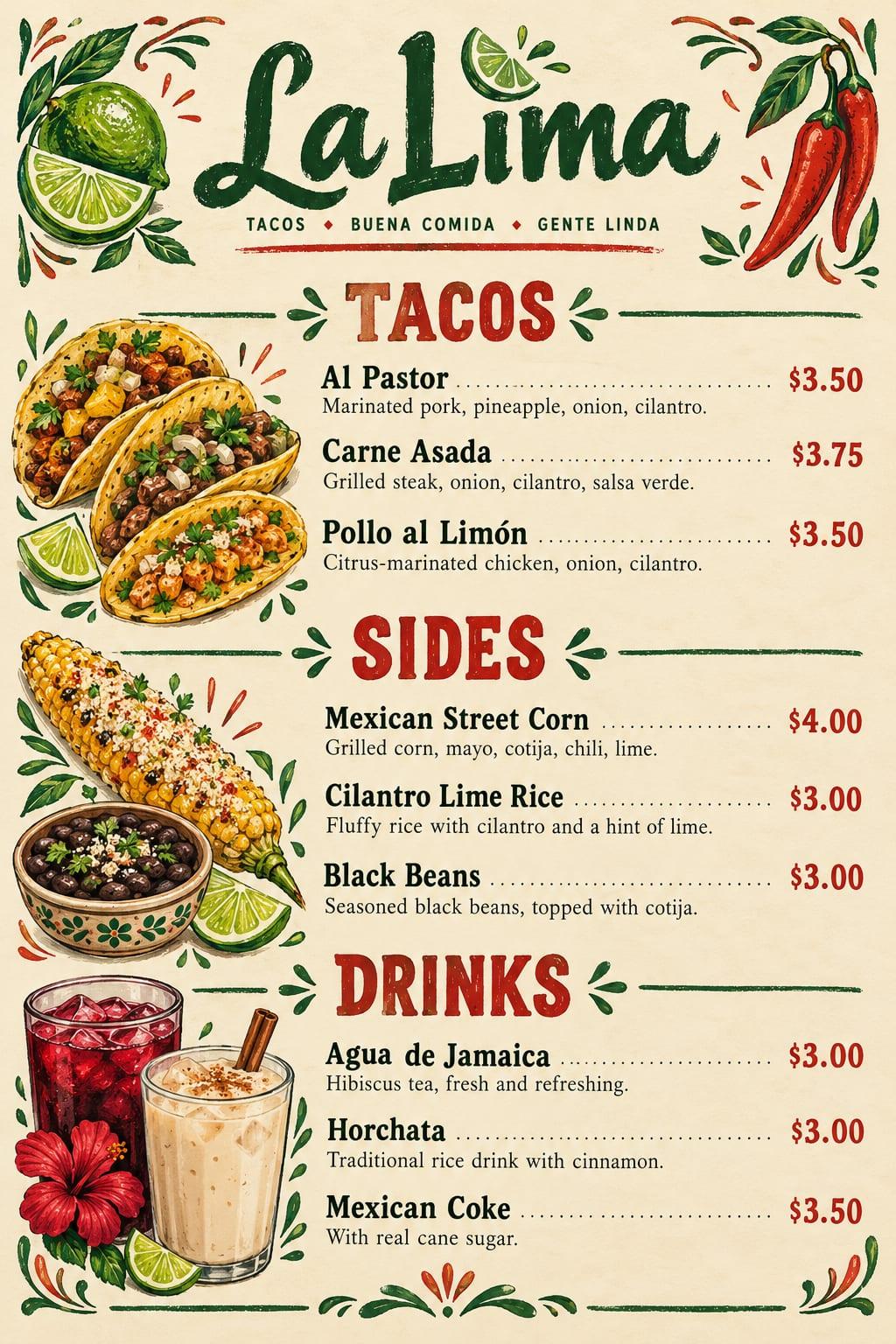 One-page menu: example image made from this prompt