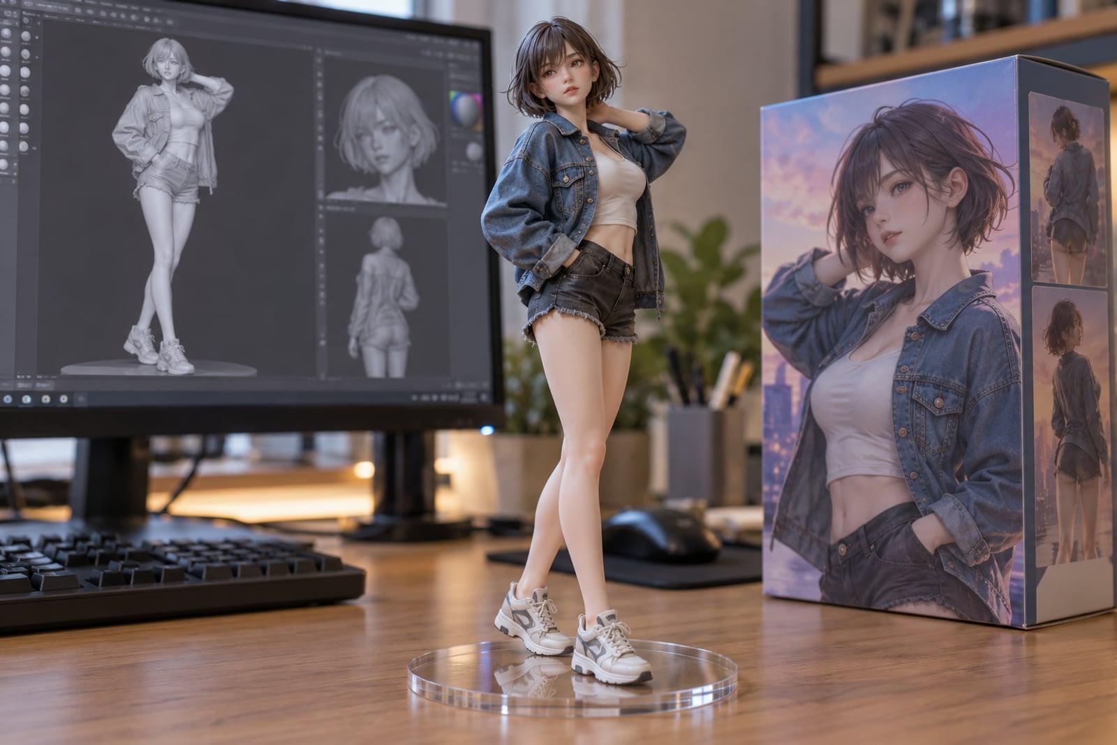 3D Figurine Generator output: a collectible figure of a person on a desk beside its box, with the 3D model on a monitor