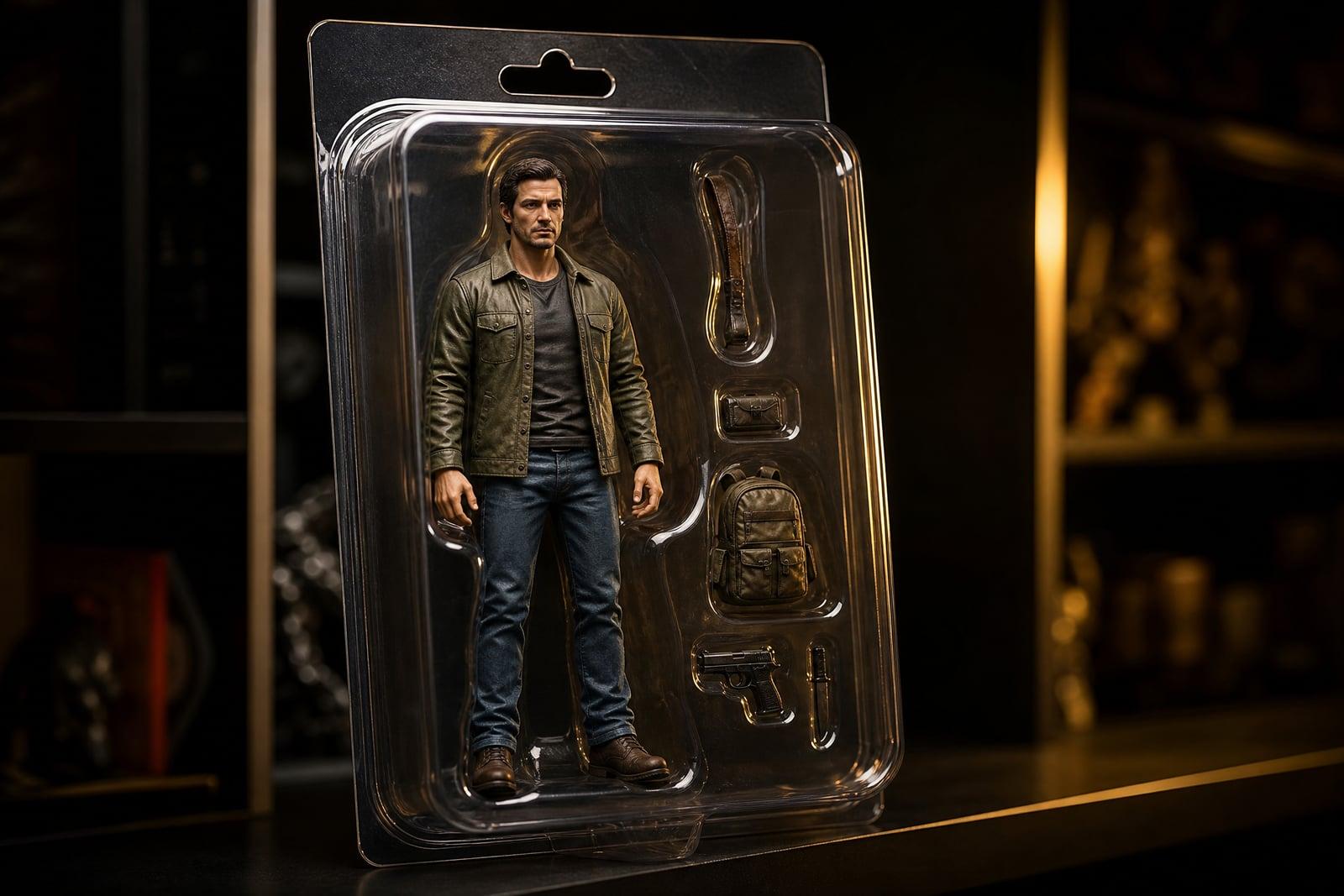 AI Action Figure output: a person rendered as a boxed collectible toy in blister-pack packaging