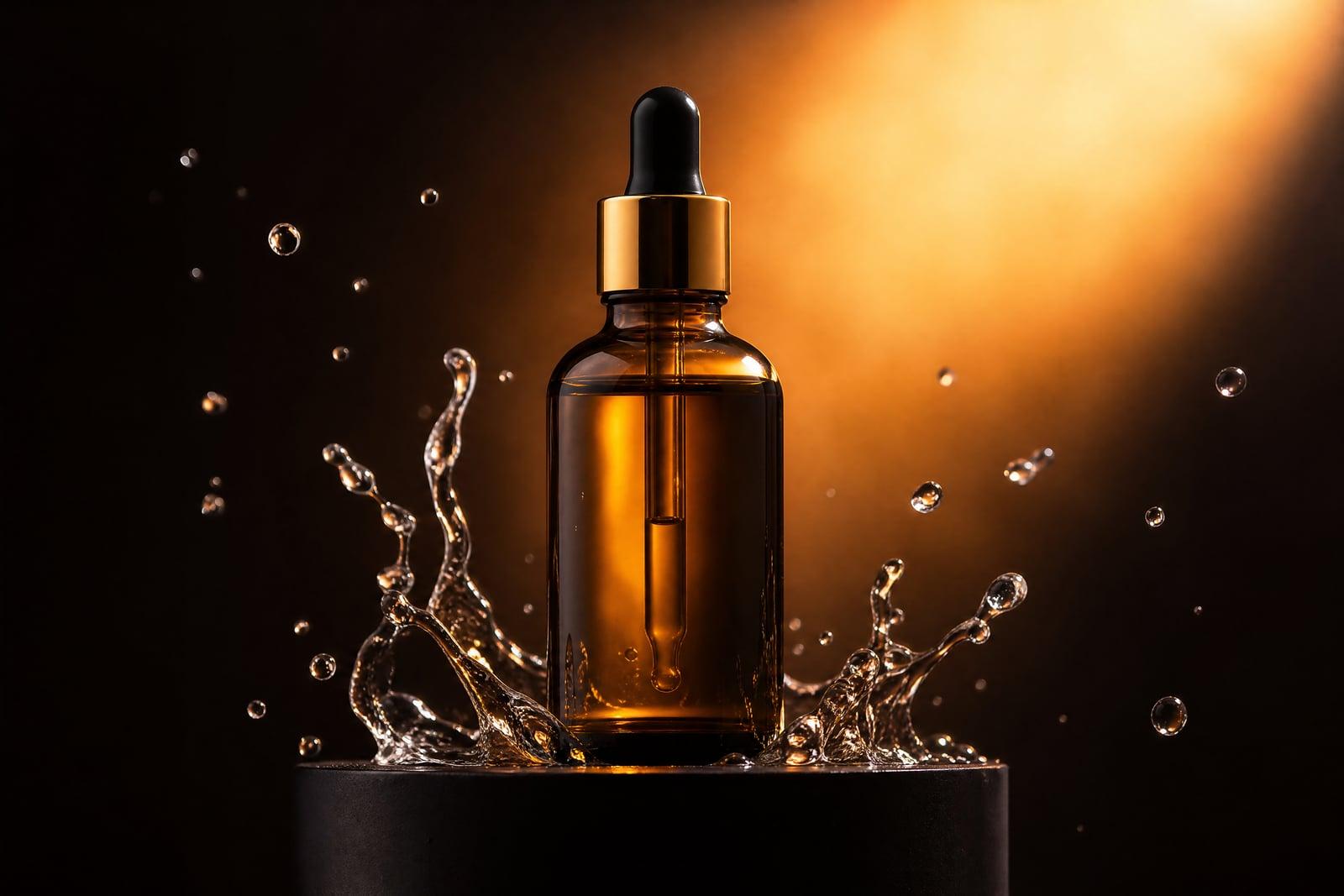 Ad Creative Generator example: a skincare bottle staged as a dramatic product ad visual