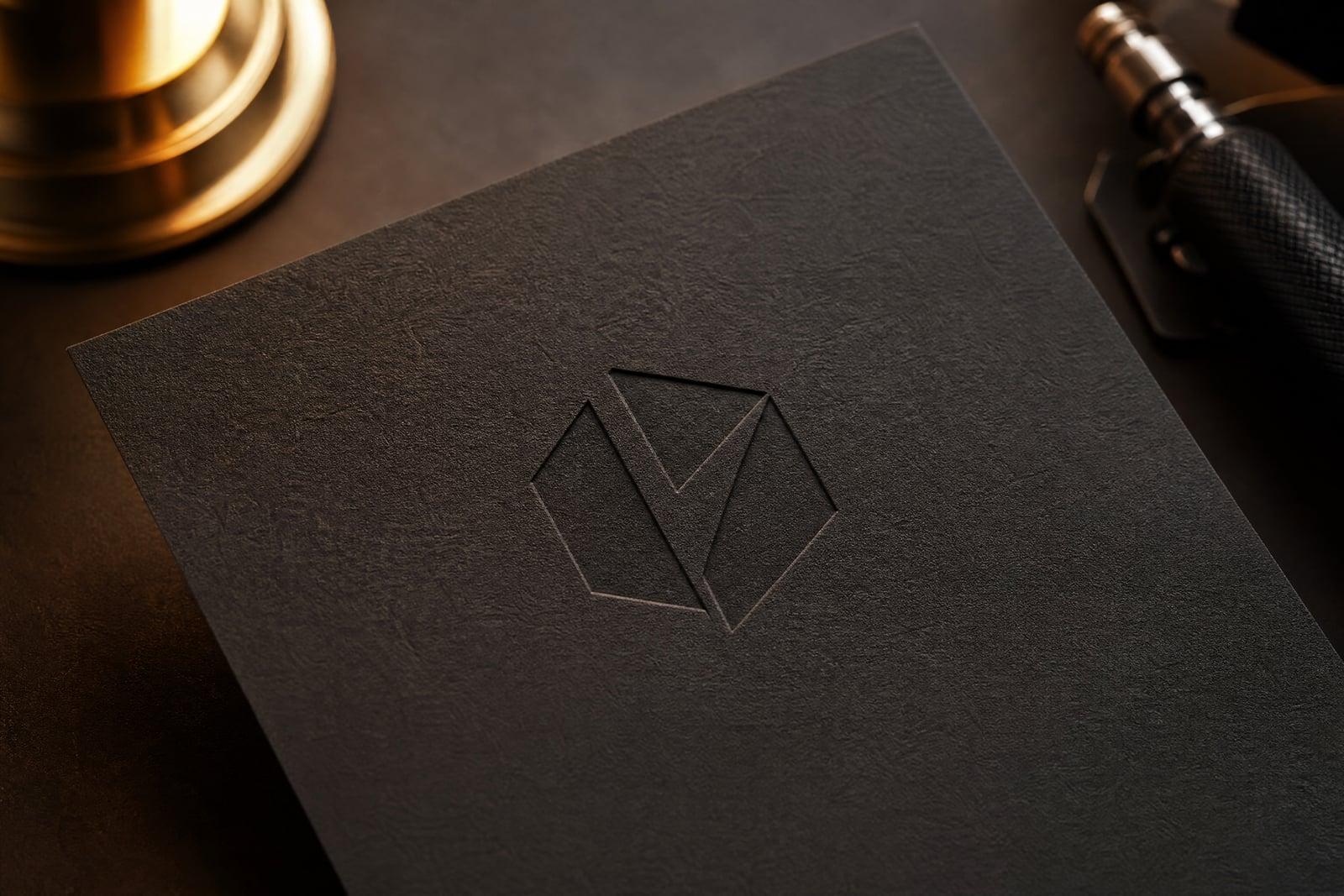 AI Logo Generator concepts: minimal geometric logo marks arranged on a dark board
