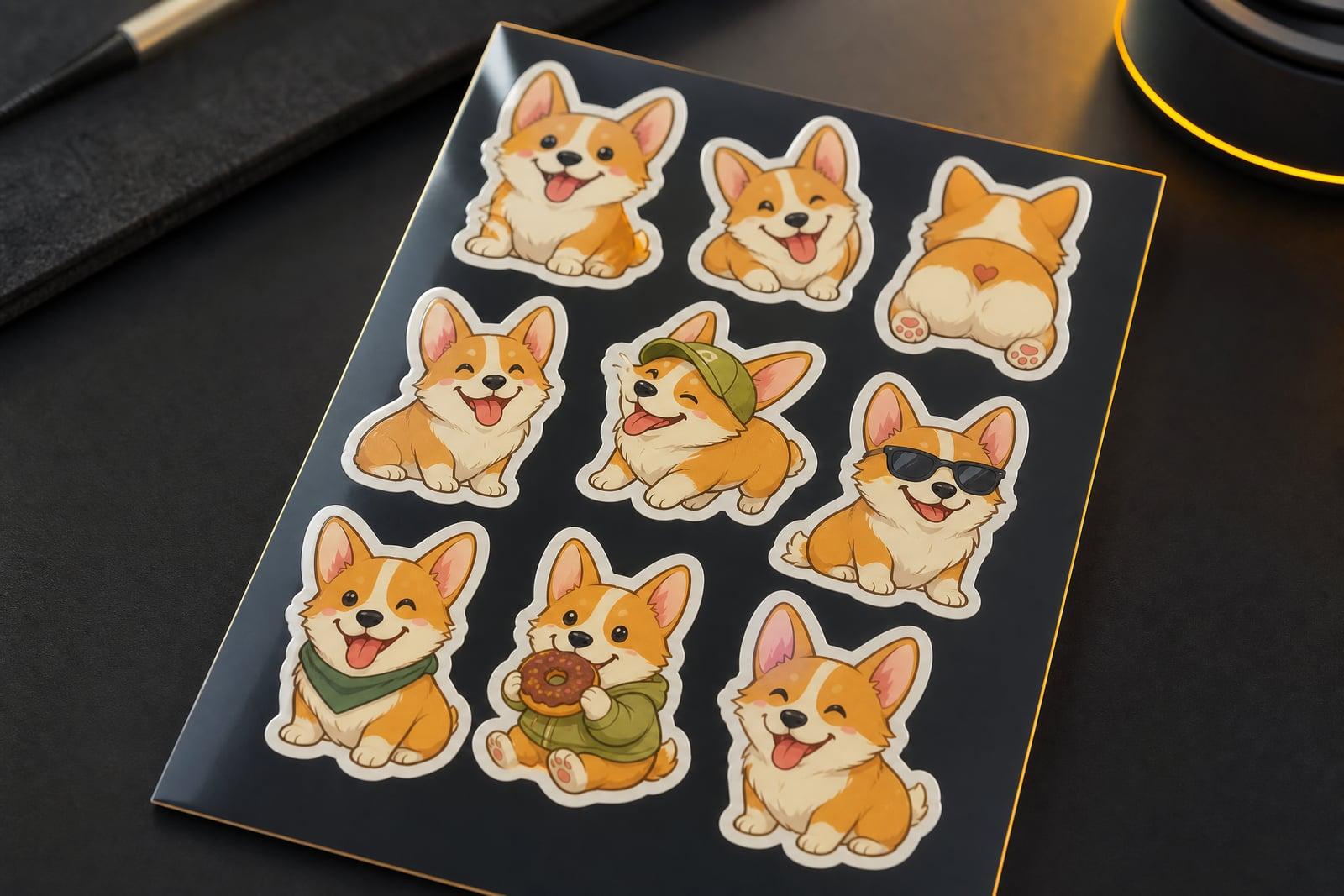 AI Sticker Maker result: glossy die-cut sticker of a smiling dog with a white border