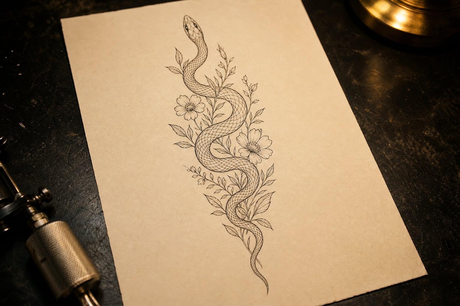 AI Tattoo Generator design: fine line botanical tattoo concept on a flash sheet