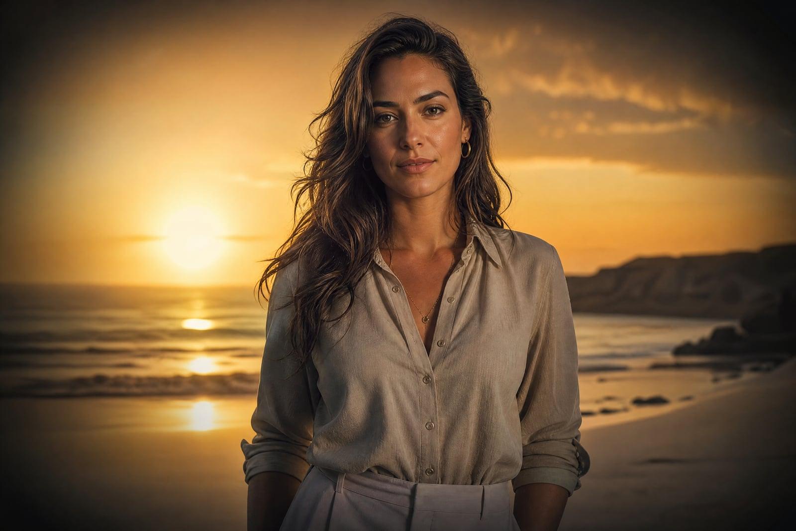 Background Changer moving a portrait subject from an office to a golden beach at dusk