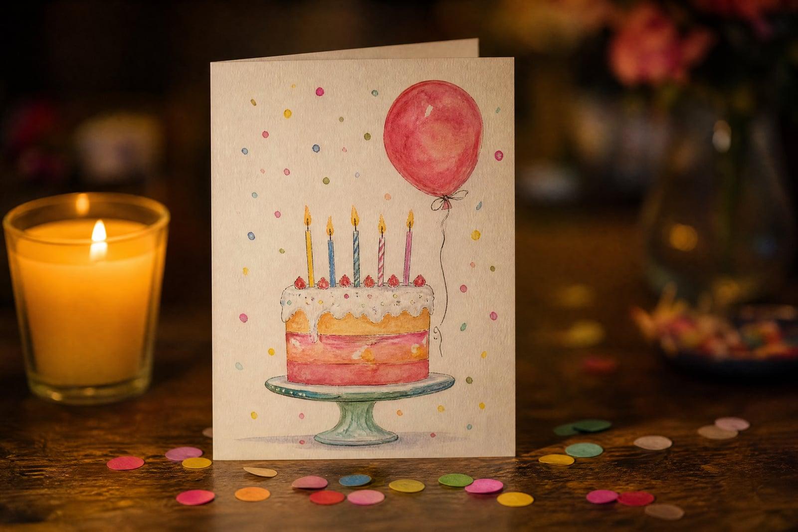 Birthday Card Maker design: illustrated birthday card with cake, balloons, and lettering