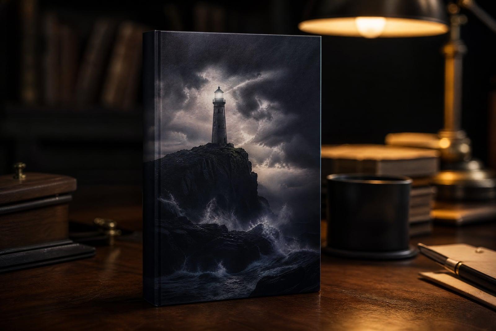 Book Cover Generator example: moody novel cover concept propped on a dark desk