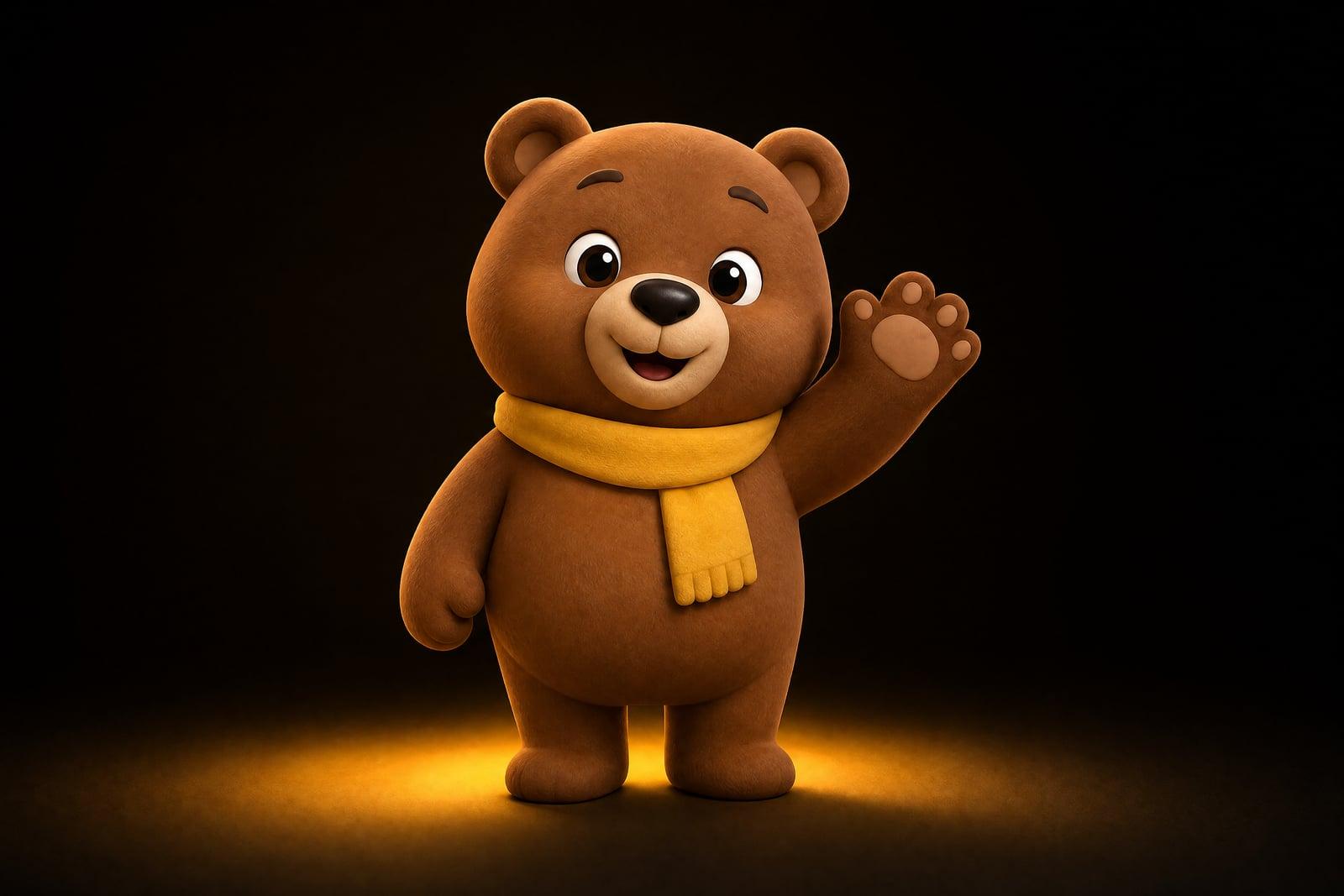 Brand Mascot Creator example: a friendly 3D bear mascot character waving on a dark stage