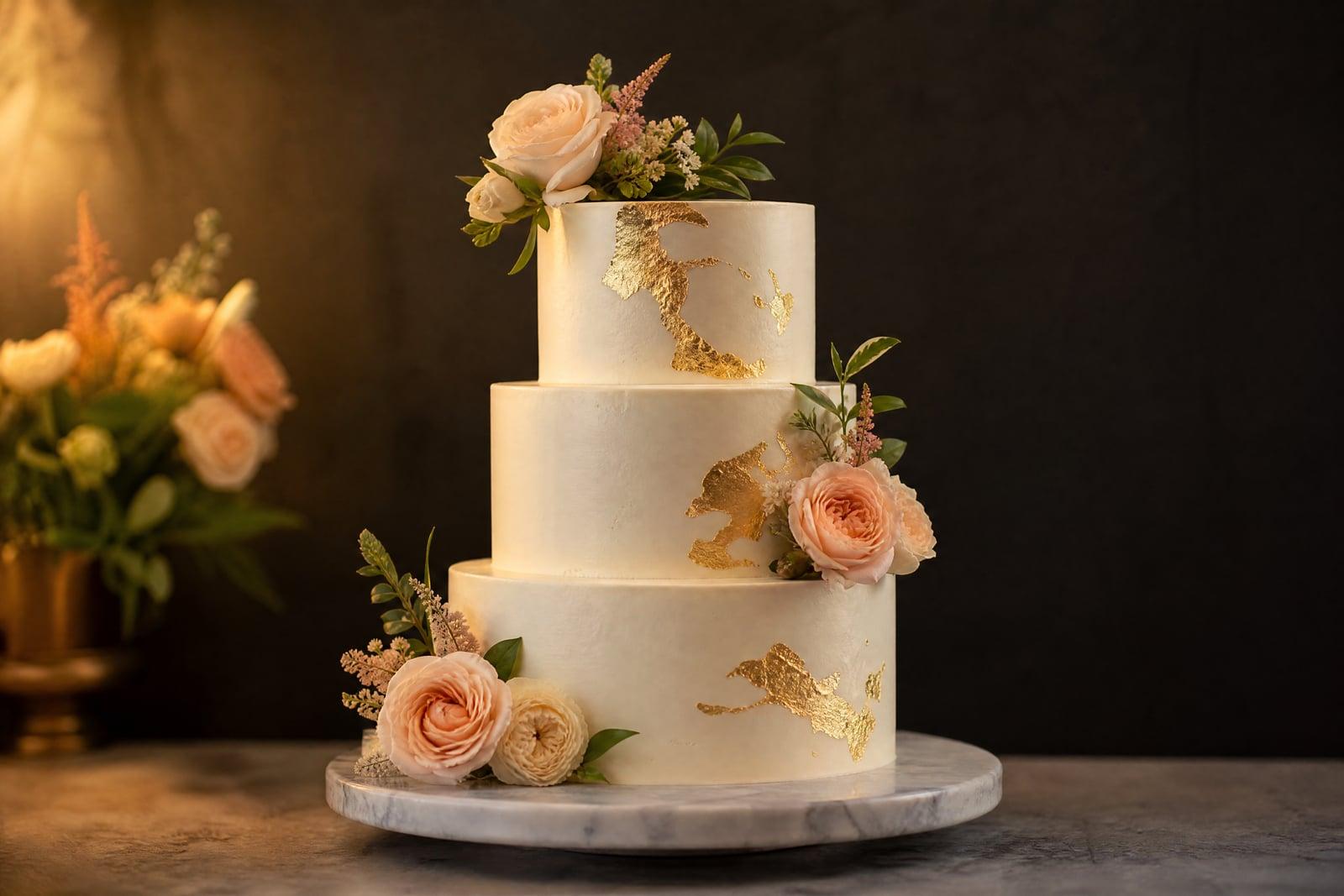 Cake Design Ideas concept: three-tier ivory cake with gold leaf and fresh flowers