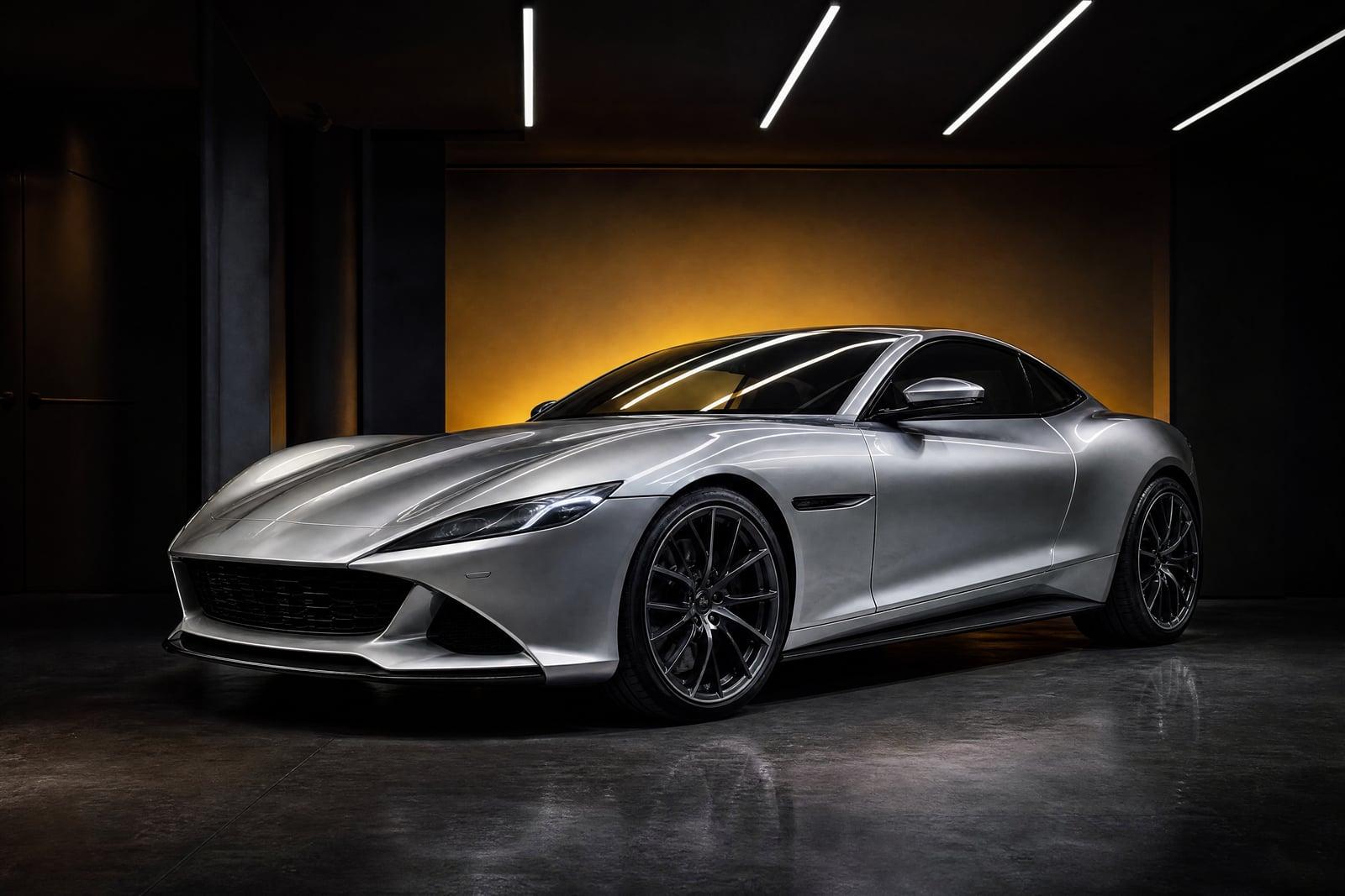 Car Photography example: silver coupe in a dark showroom with warm accent lighting