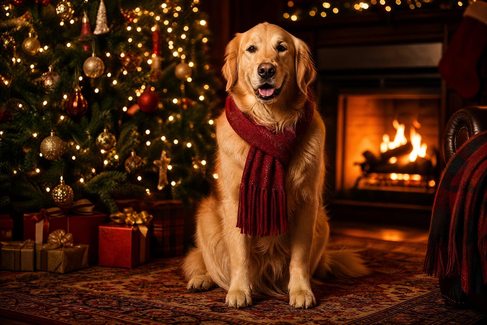 Christmas Photo Maker portrait: family dog by a fireplace and decorated tree