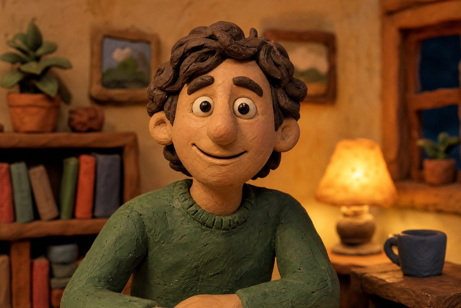 Claymation Style example: a portrait turned into a stop-motion clay character on a miniature set