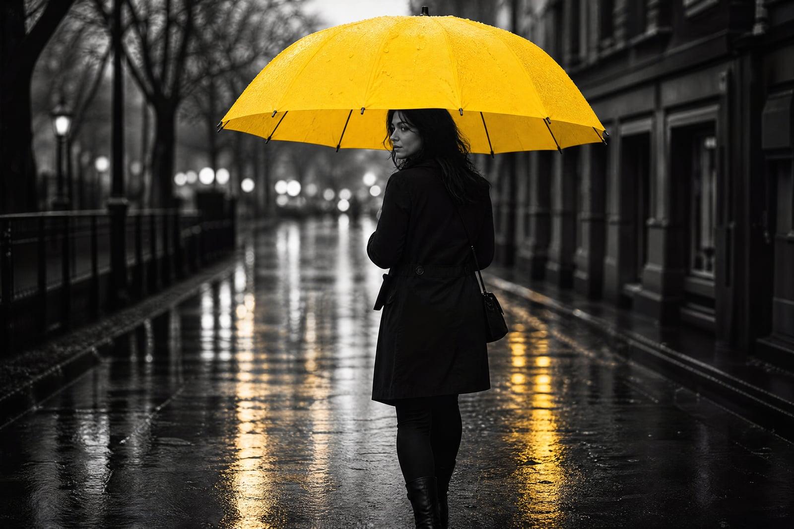 Color Splash effect: black and white street scene with one yellow umbrella kept in color