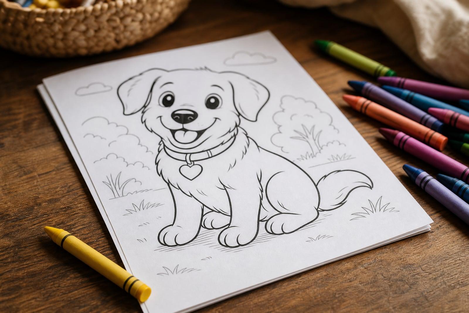 Coloring Page Generator example: photo of a dog converted to a black outline coloring page
