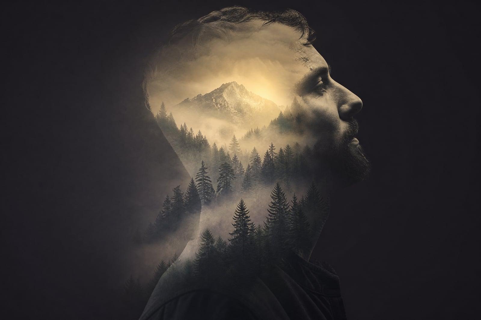 Double Exposure example: a profile portrait blended with a misty pine forest