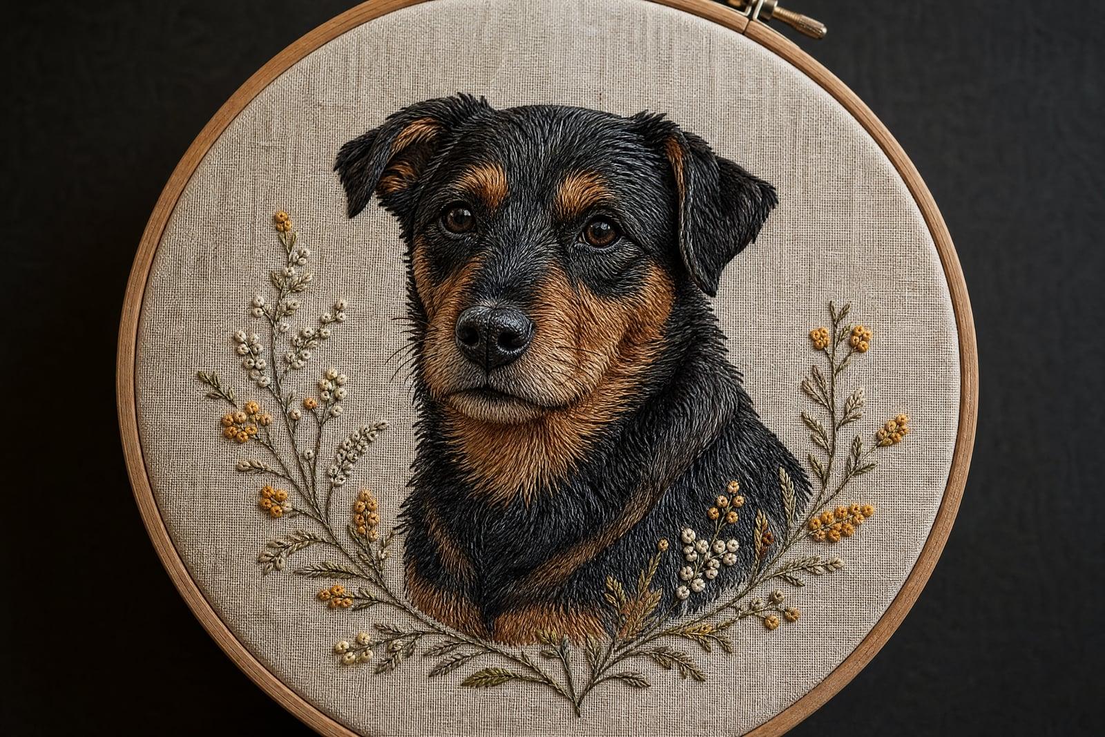 Embroidery Art example: a dog portrait rendered as hand-stitched hoop embroidery