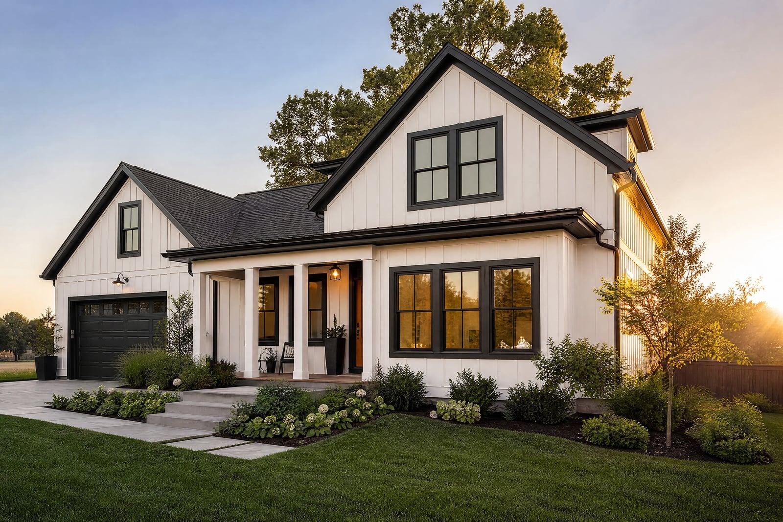 Home Exterior Redesign preview of a house with fresh white siding and black trim