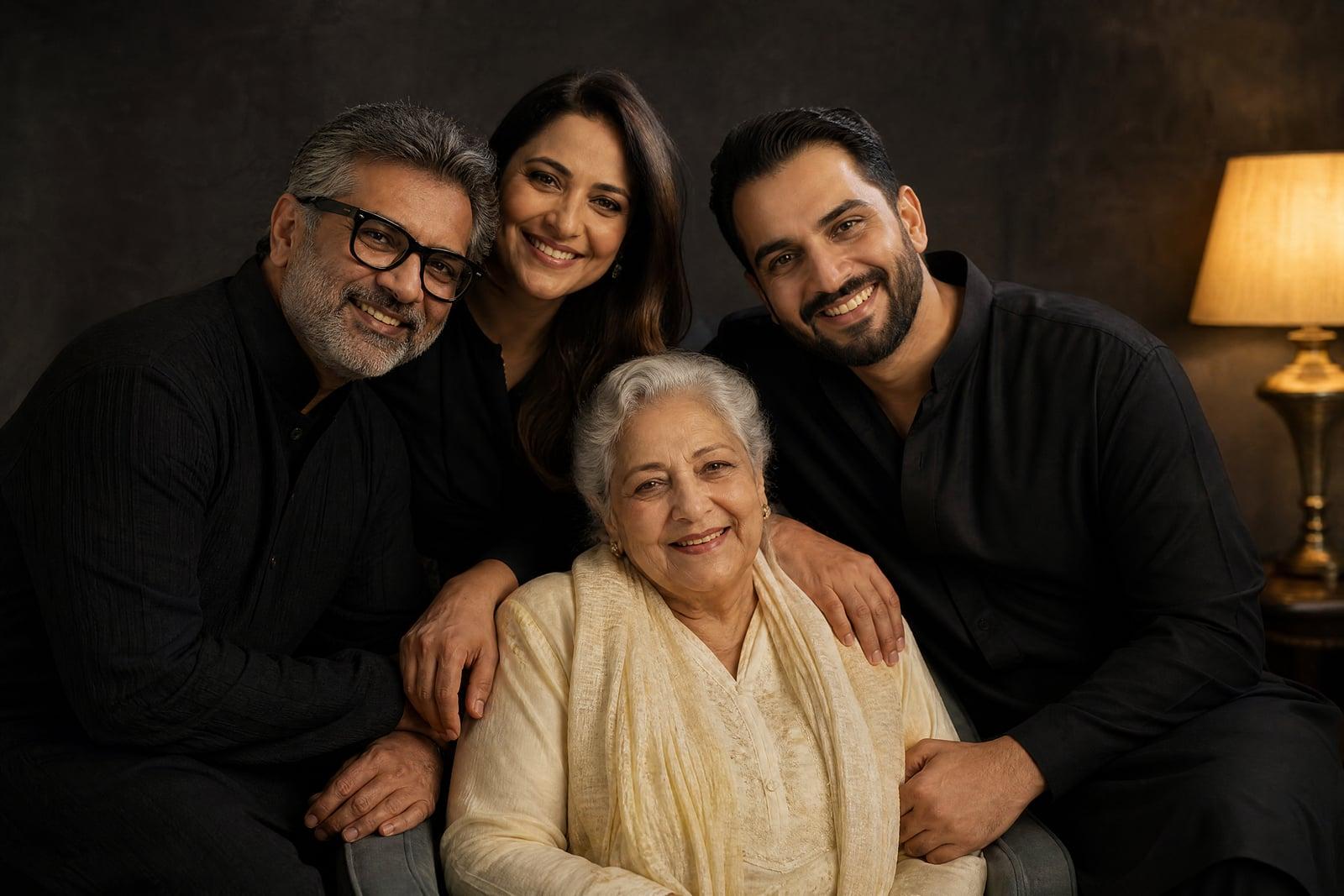 Family Portrait Maker result: four family members posed together in one warm studio portrait