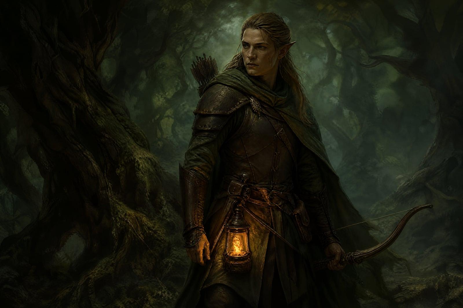 Fantasy Character Creator artwork: person painted as an elven ranger in forest armor