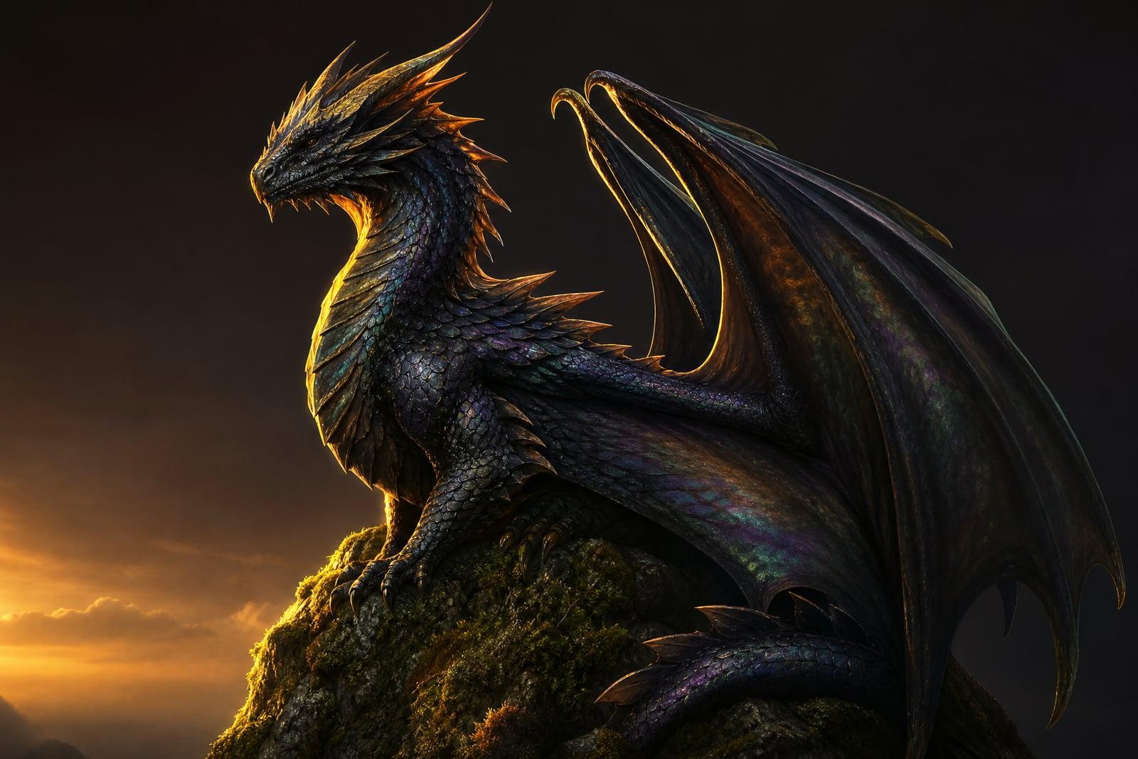 Fantasy Creature Maker output: an original dragon with dark iridescent scales on a cliff