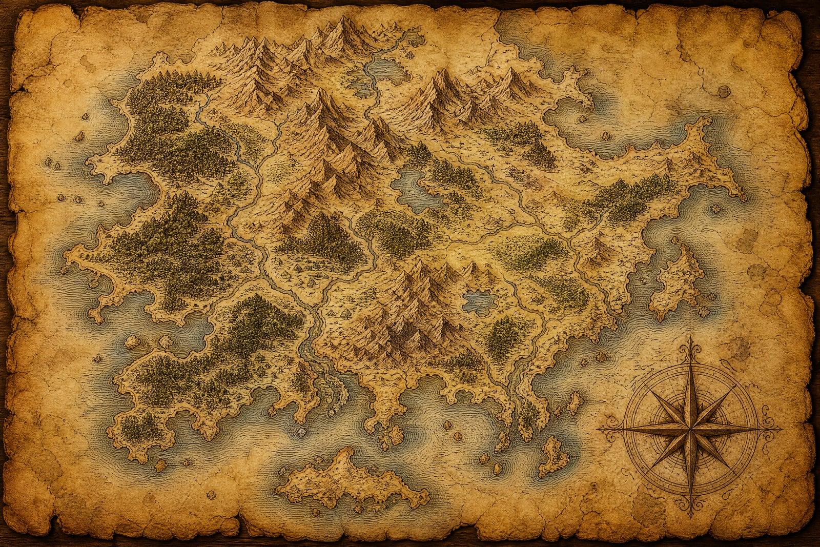 Fantasy Map Generator output: hand-drawn parchment world map with mountains and coastlines