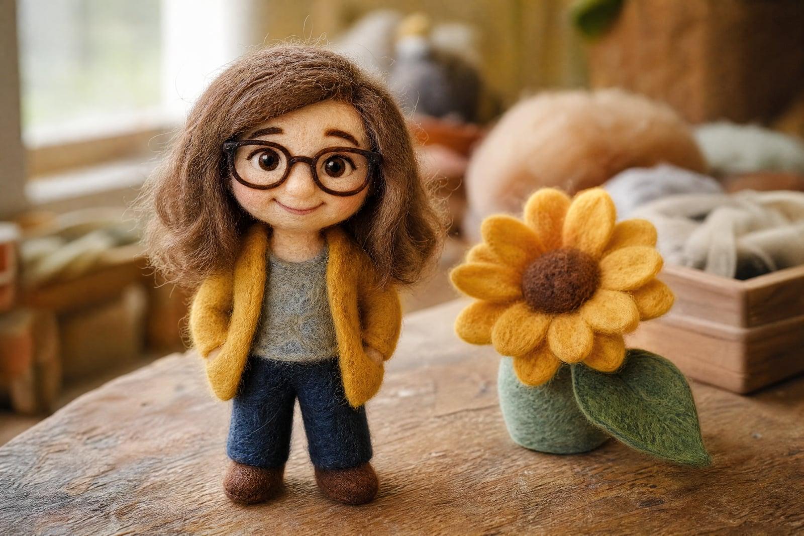 Felt Doll Maker result: needle-felted wool doll portrait of a smiling young woman