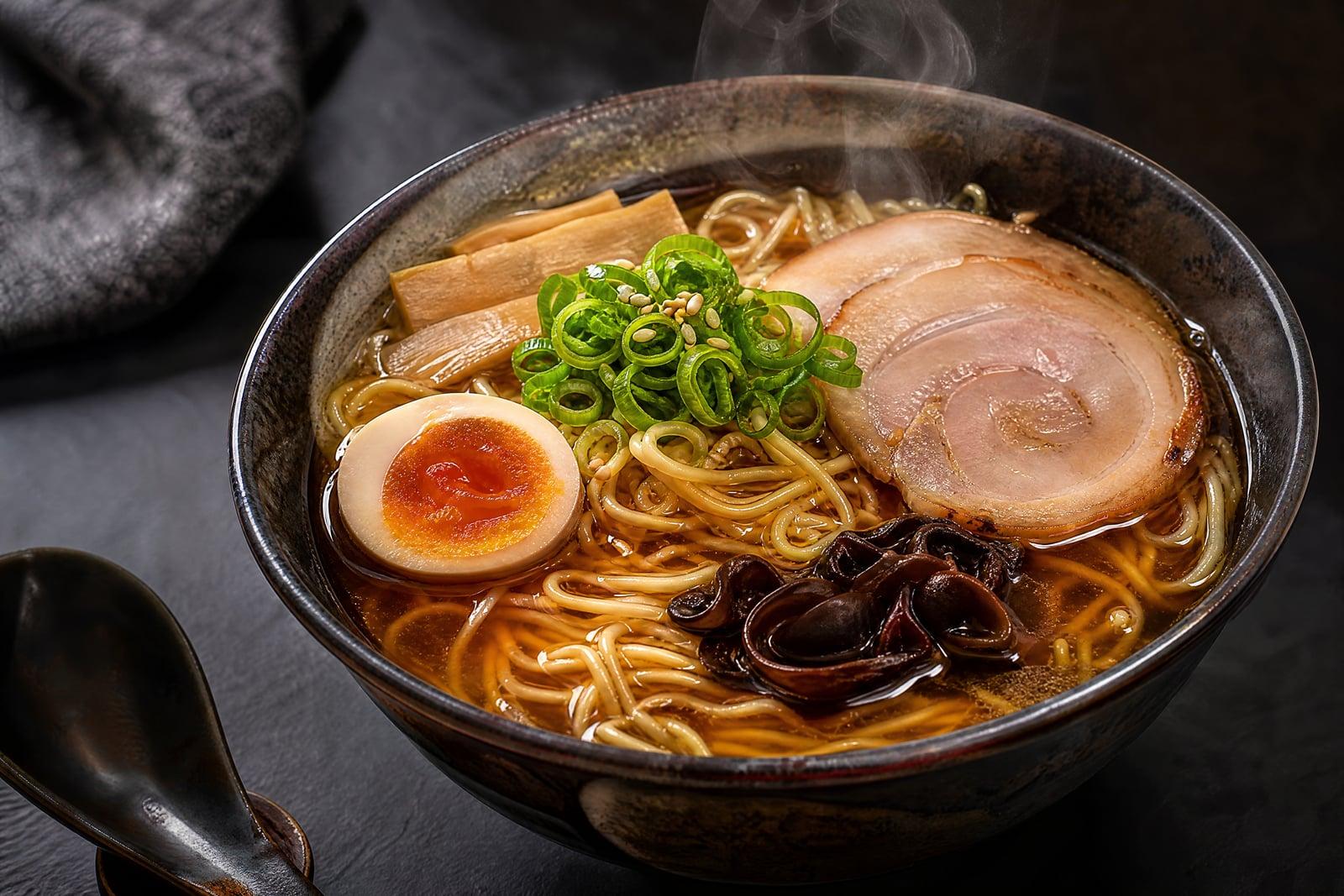 Food Photography example: a bowl of ramen relit as a warm, menu-ready restaurant photo