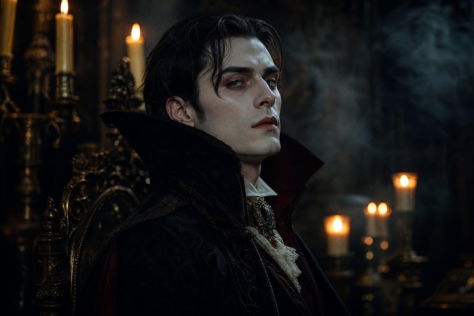 Halloween Filter portrait: person transformed into an elegant vampire with moody lighting