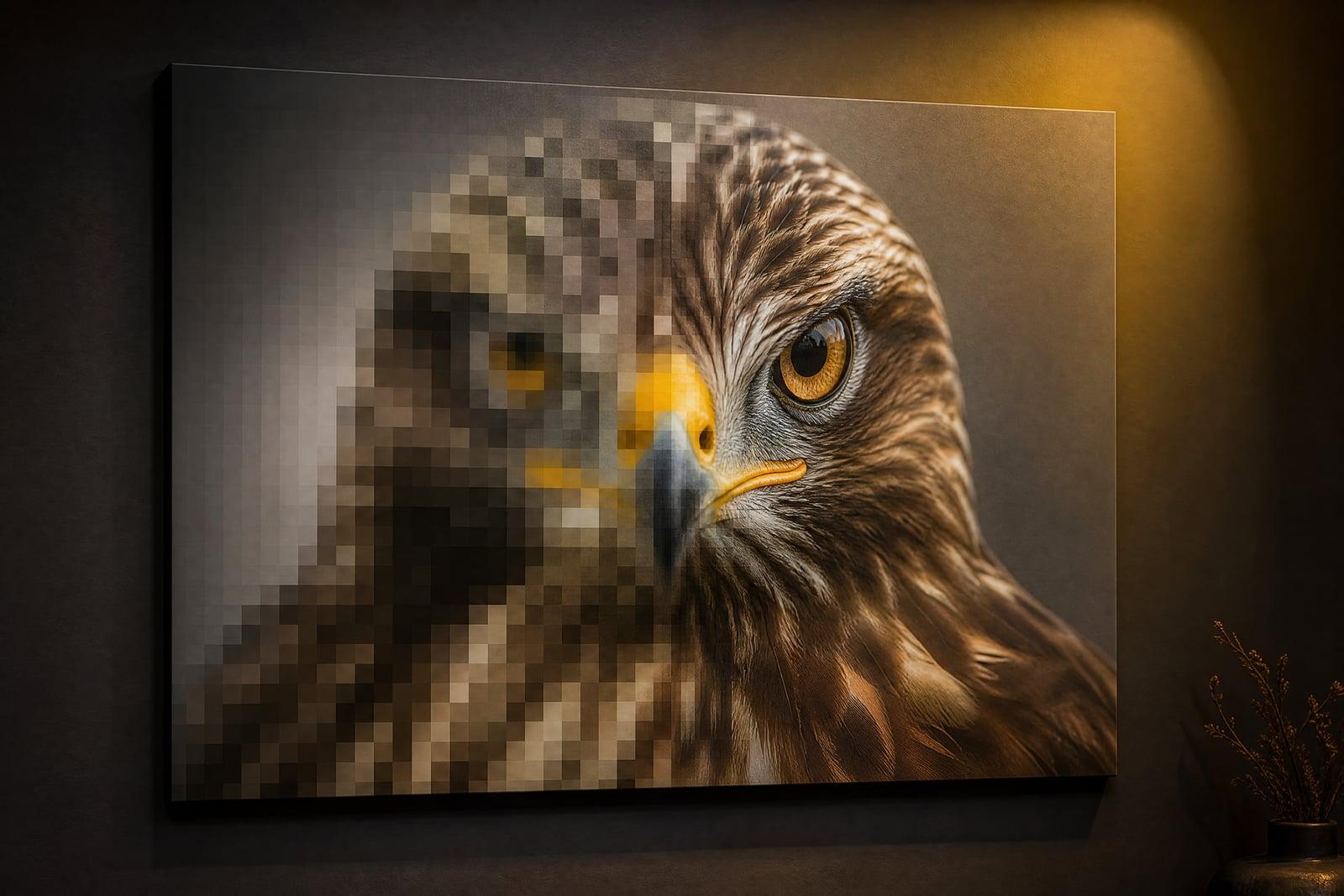 AI Image Upscaler comparison showing a blurry small photo rebuilt with sharp detail