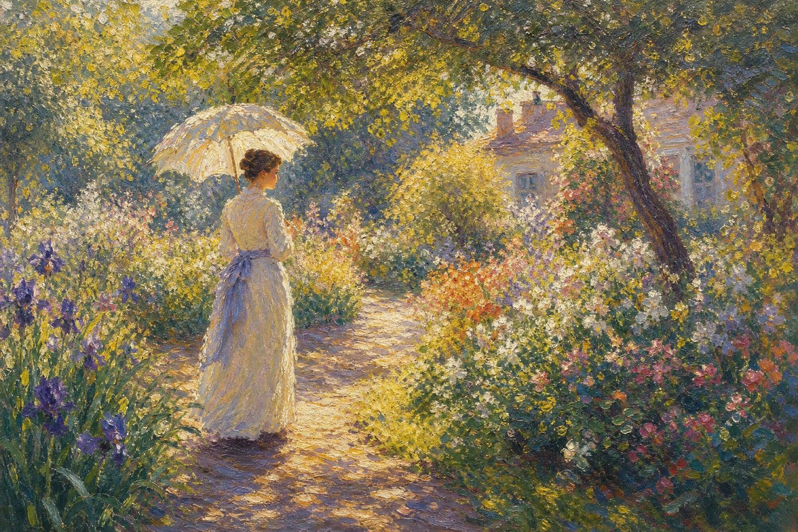 Impressionist Painting generated from a photo: garden scene in loose dabs of glowing color
