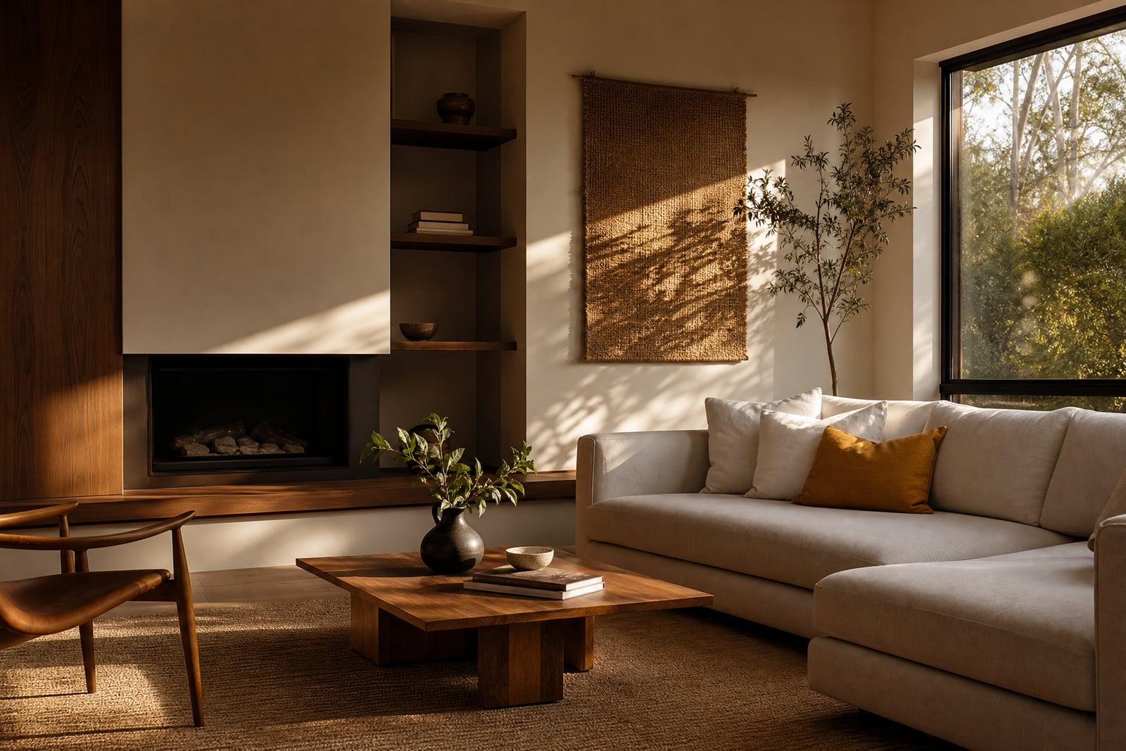 AI Interior Design render of a living room restyled in warm minimalist decor