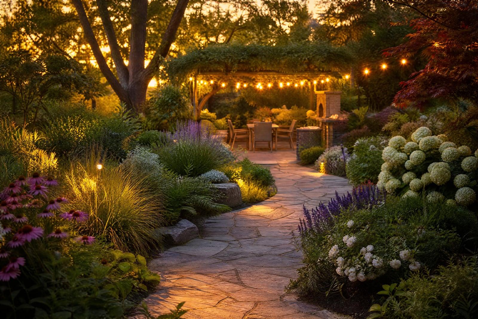 AI Landscape Design render of a backyard with a stone path, lush borders, and patio seating