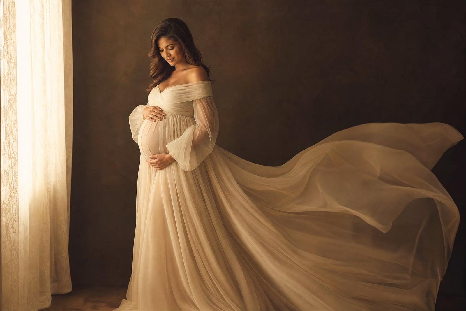 Maternity Photoshoot portrait of an expecting mother in a flowing gown lit by soft window light