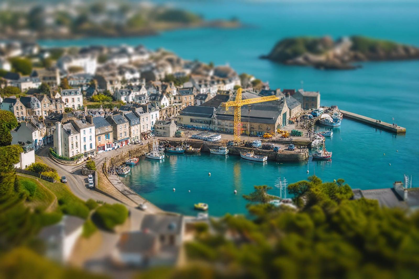 Miniature World Effect example: a harbor town shrunk into a tiny tilt-shift diorama