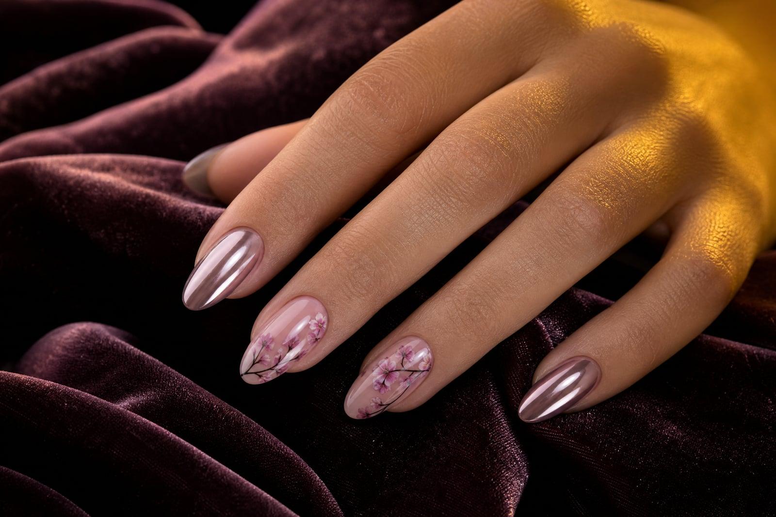 Nail Art Designer preview: almond nails with glossy chrome and floral manicure art