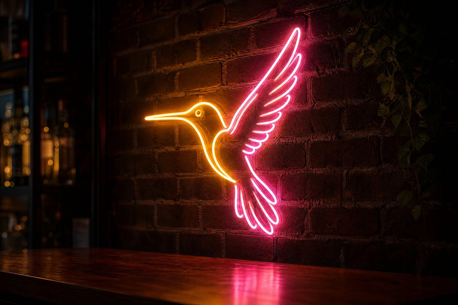 Neon Sign Maker example: a glowing custom neon sign rendered on a dark brick wall