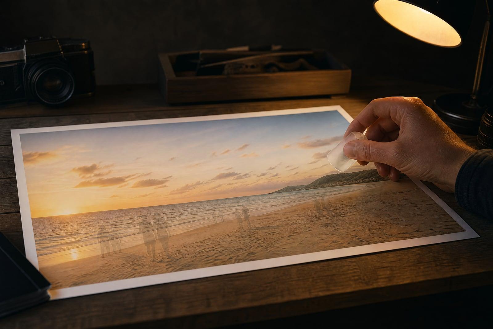 Object Remover erasing tourists from a beach photo, leaving a clean empty shoreline