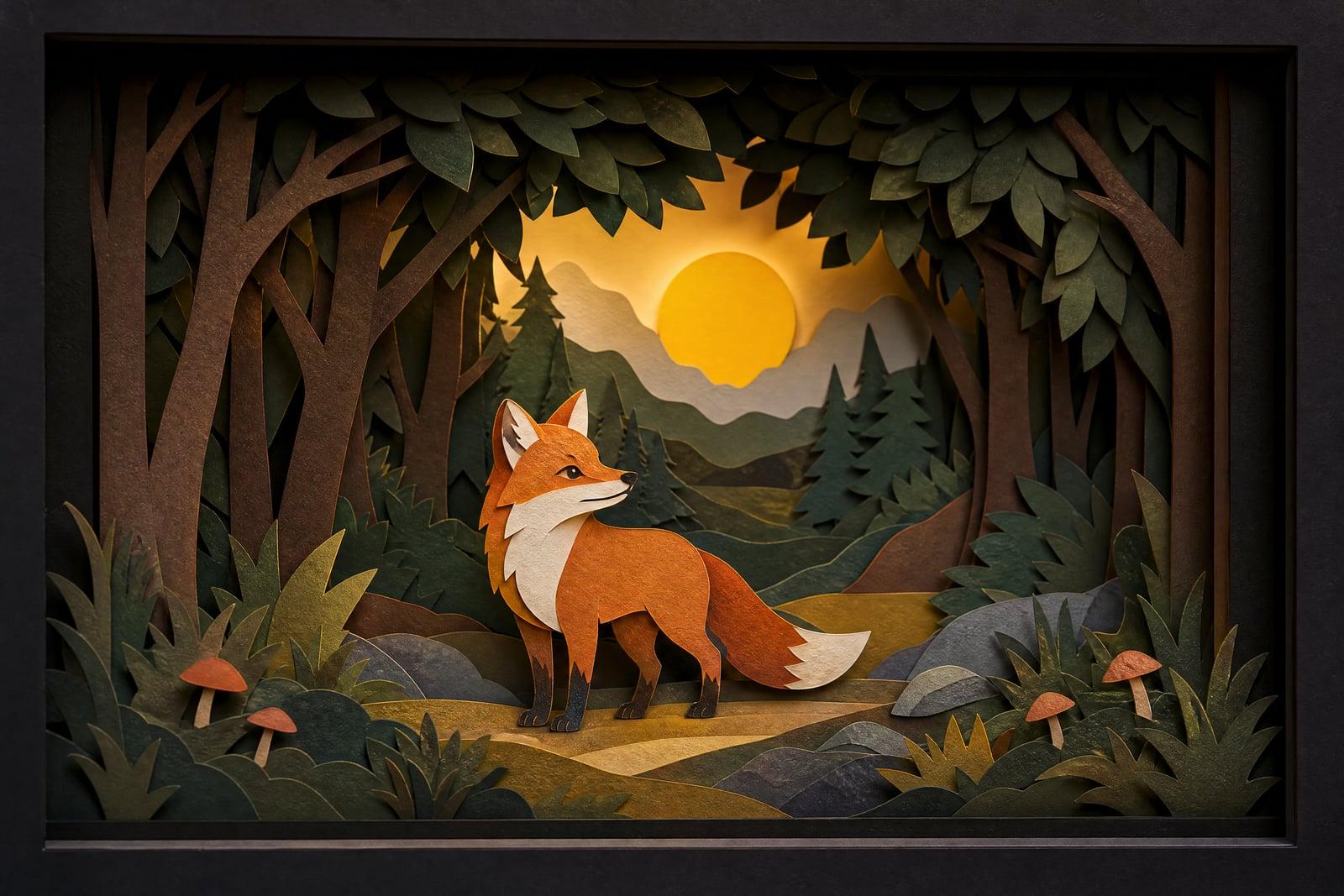 Paper Craft Style example: a fox scene rebuilt as a layered paper-cutout diorama