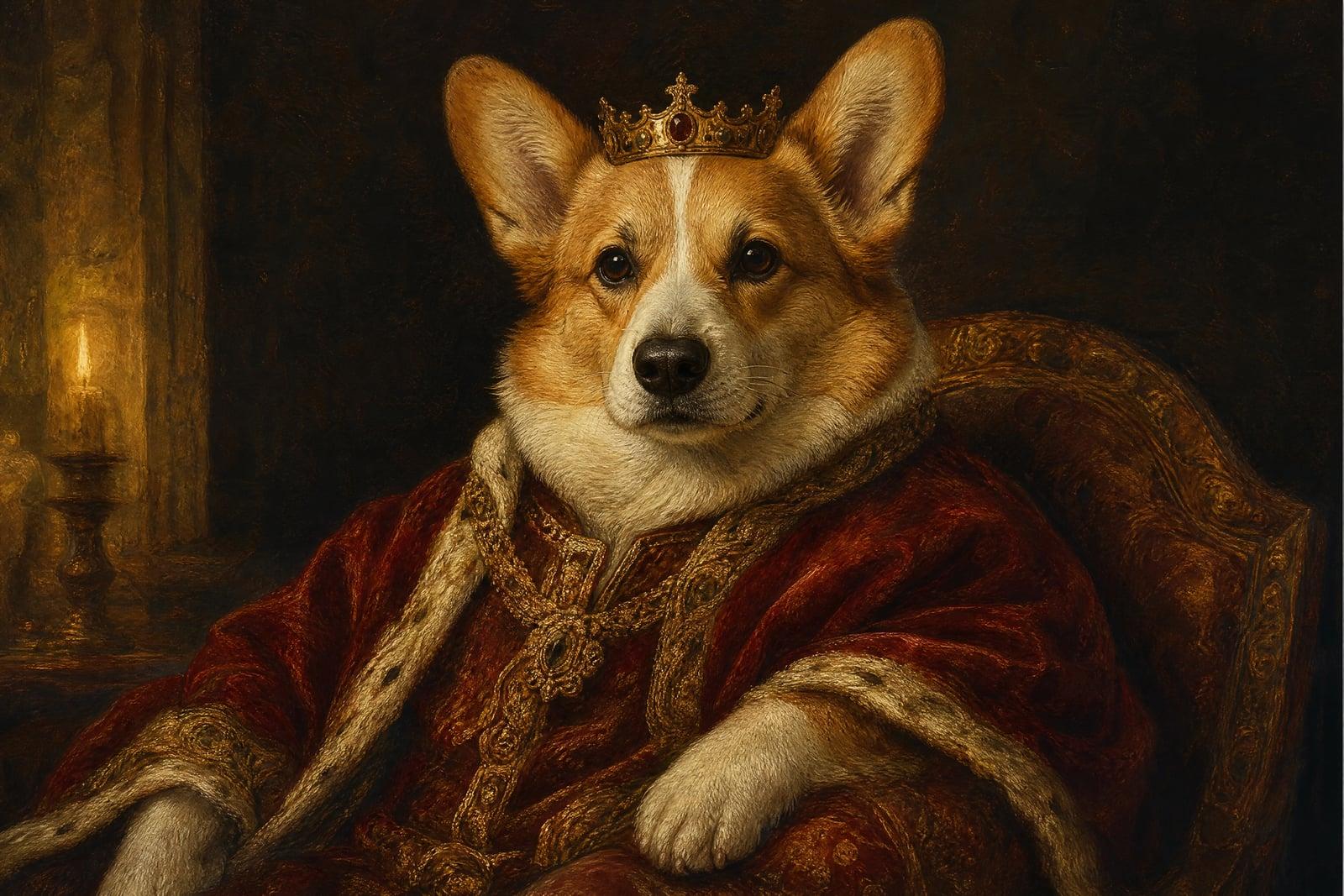 AI Pet Portrait of a corgi painted as renaissance royalty in a gold-trimmed velvet robe