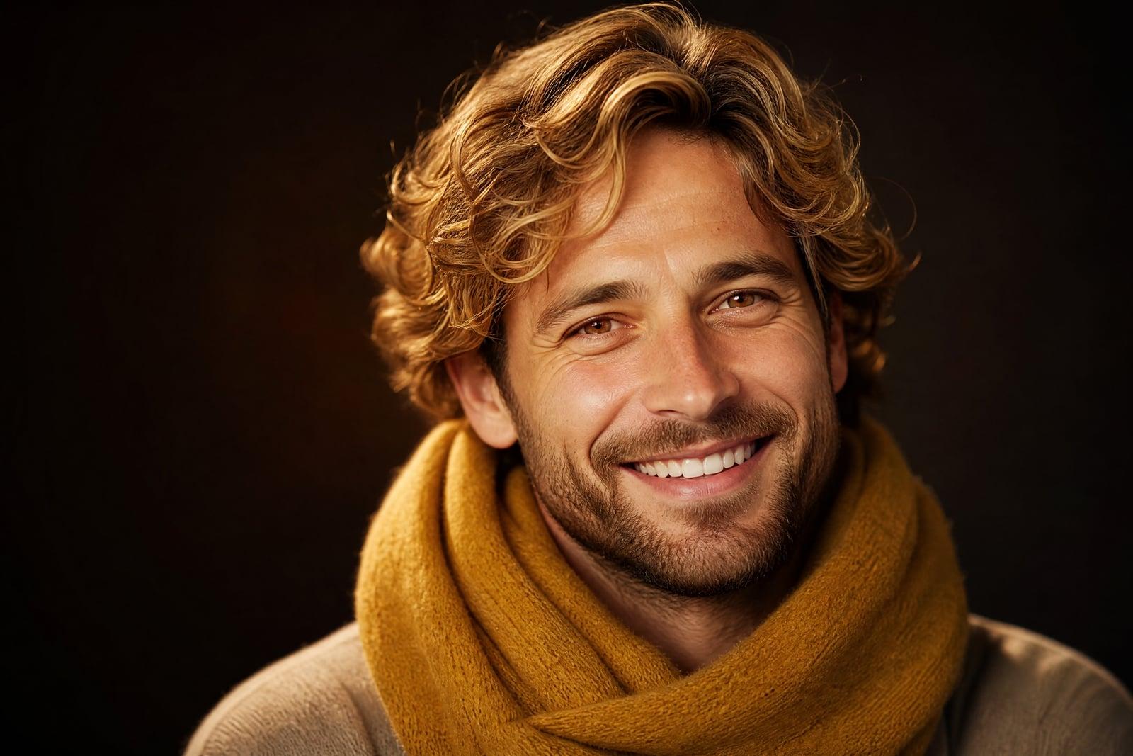 Pet to Human portrait of a warm, friendly man generated from a golden retriever photo