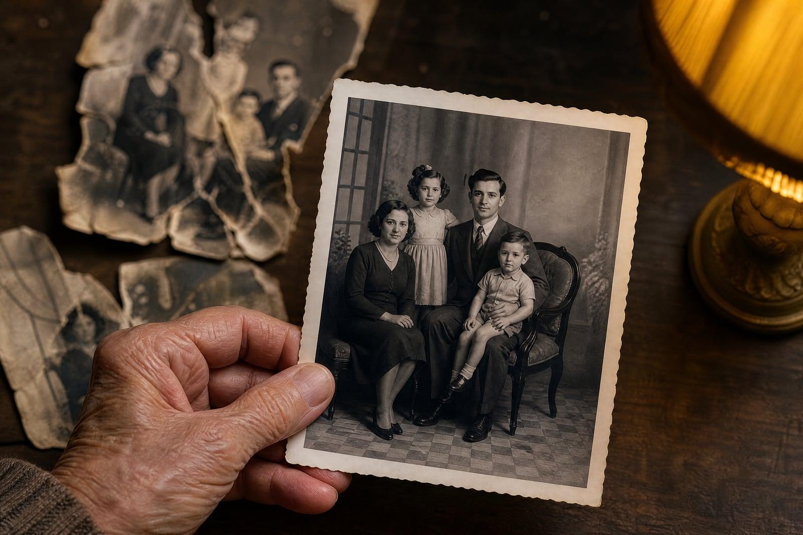 Old Photo Restoration result: a torn, faded family print repaired and colorized
