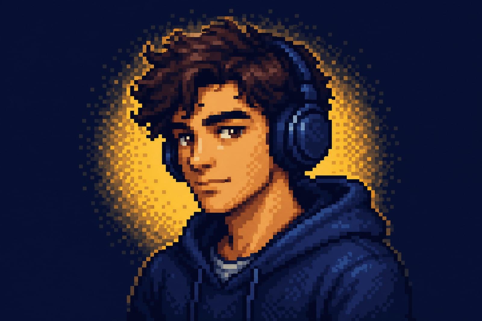 Pixel Art Converter output: a portrait photo rebuilt as retro 16-bit pixel art