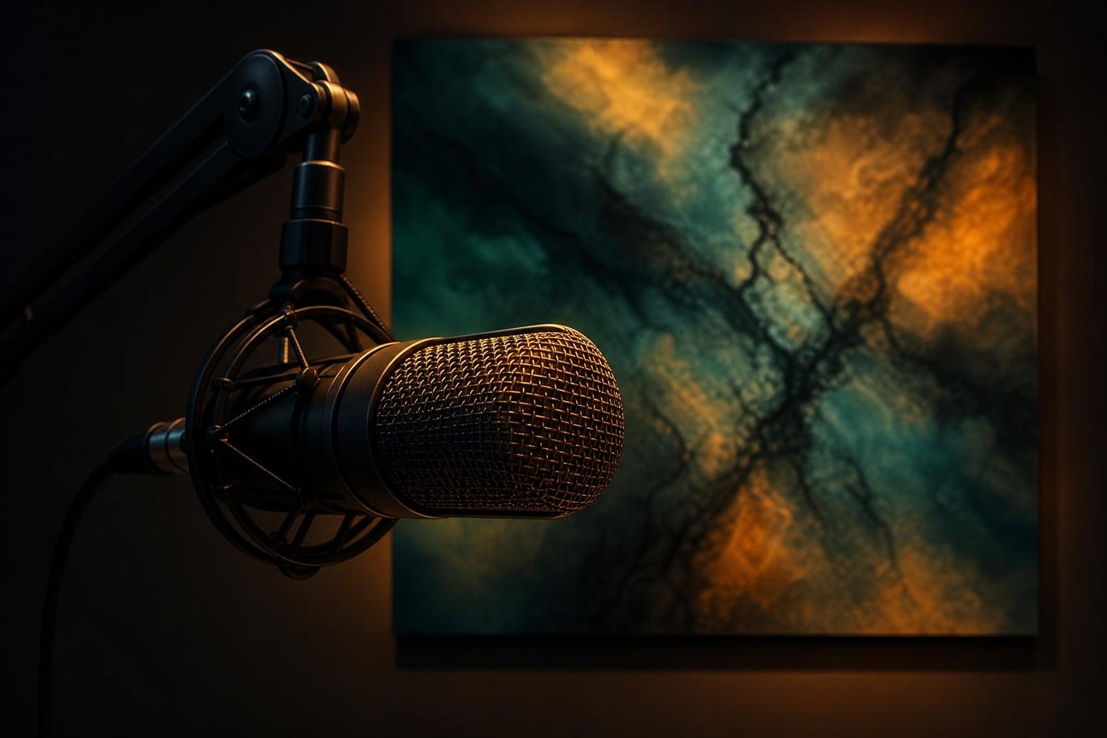 Podcast Cover Art example: a microphone in front of glowing square cover artwork