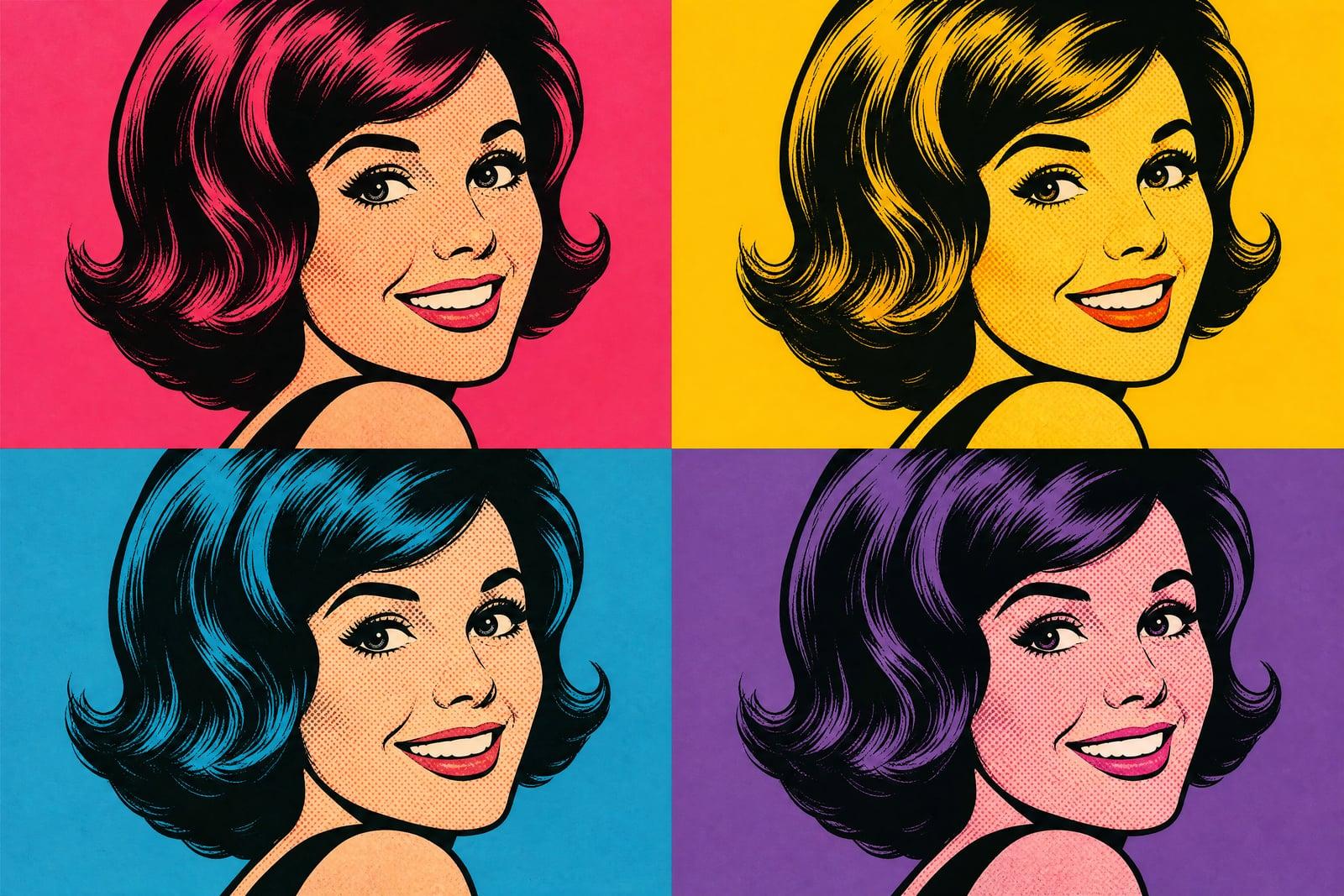 Pop Art Generator output: four-panel pop art portrait with halftone dots and bold colors