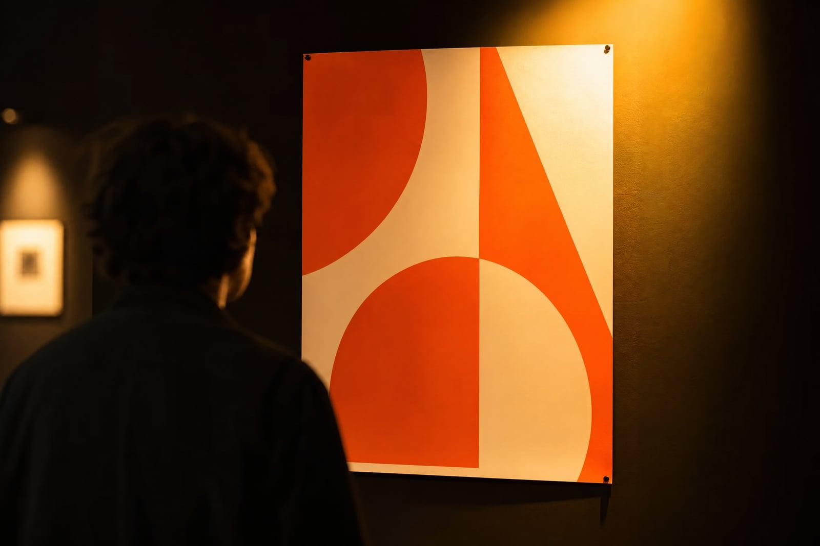 AI Poster Generator example: a bold geometric event poster pinned to a gallery wall