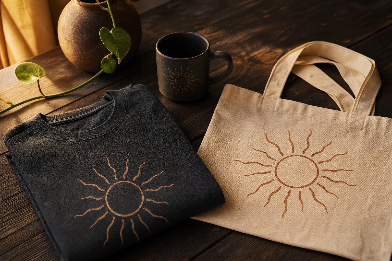 Product Mockup example: one emblem shown on a t-shirt, mug and tote in a studio photo