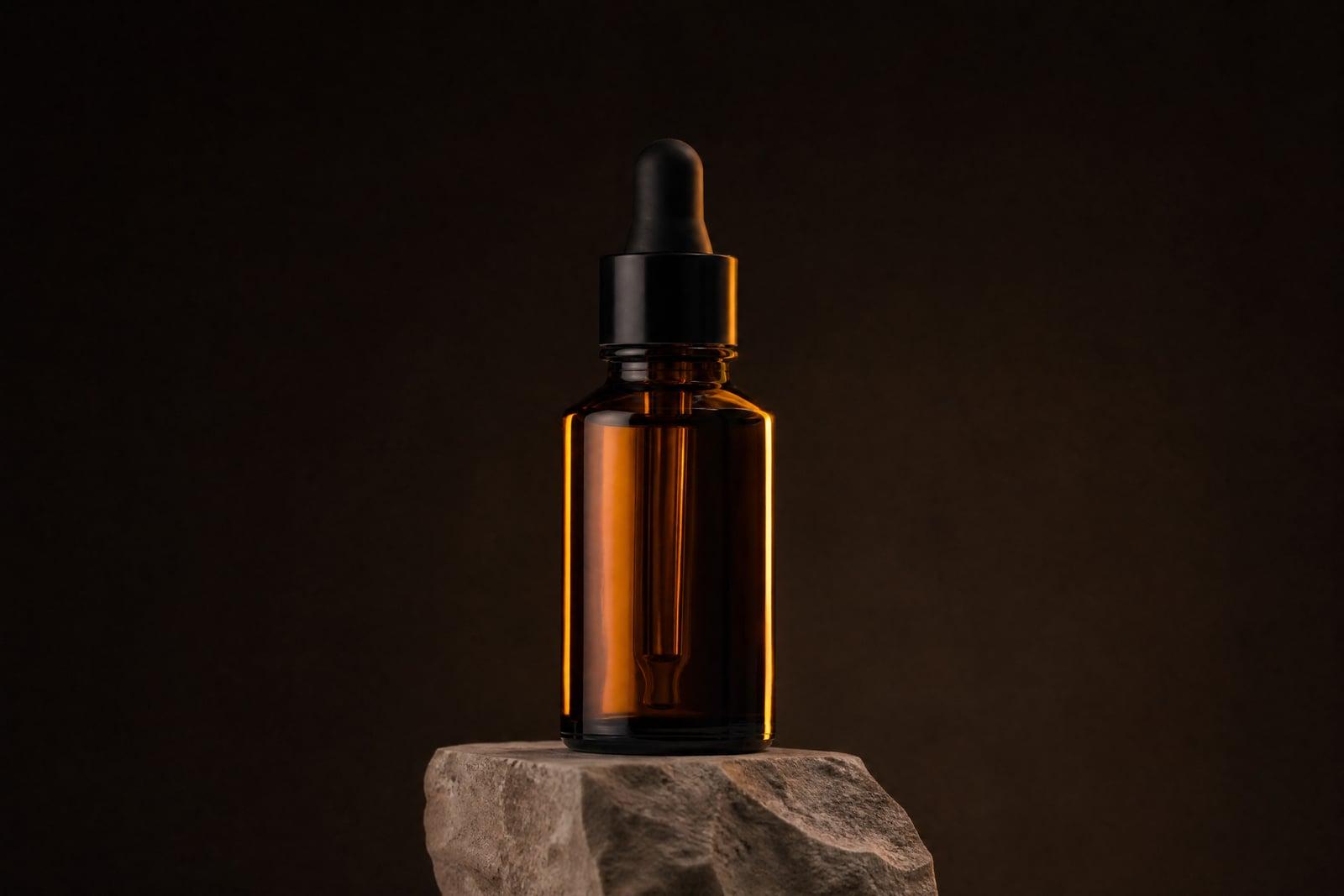 AI Product Photography example: amber skincare bottle on a stone pedestal in studio light