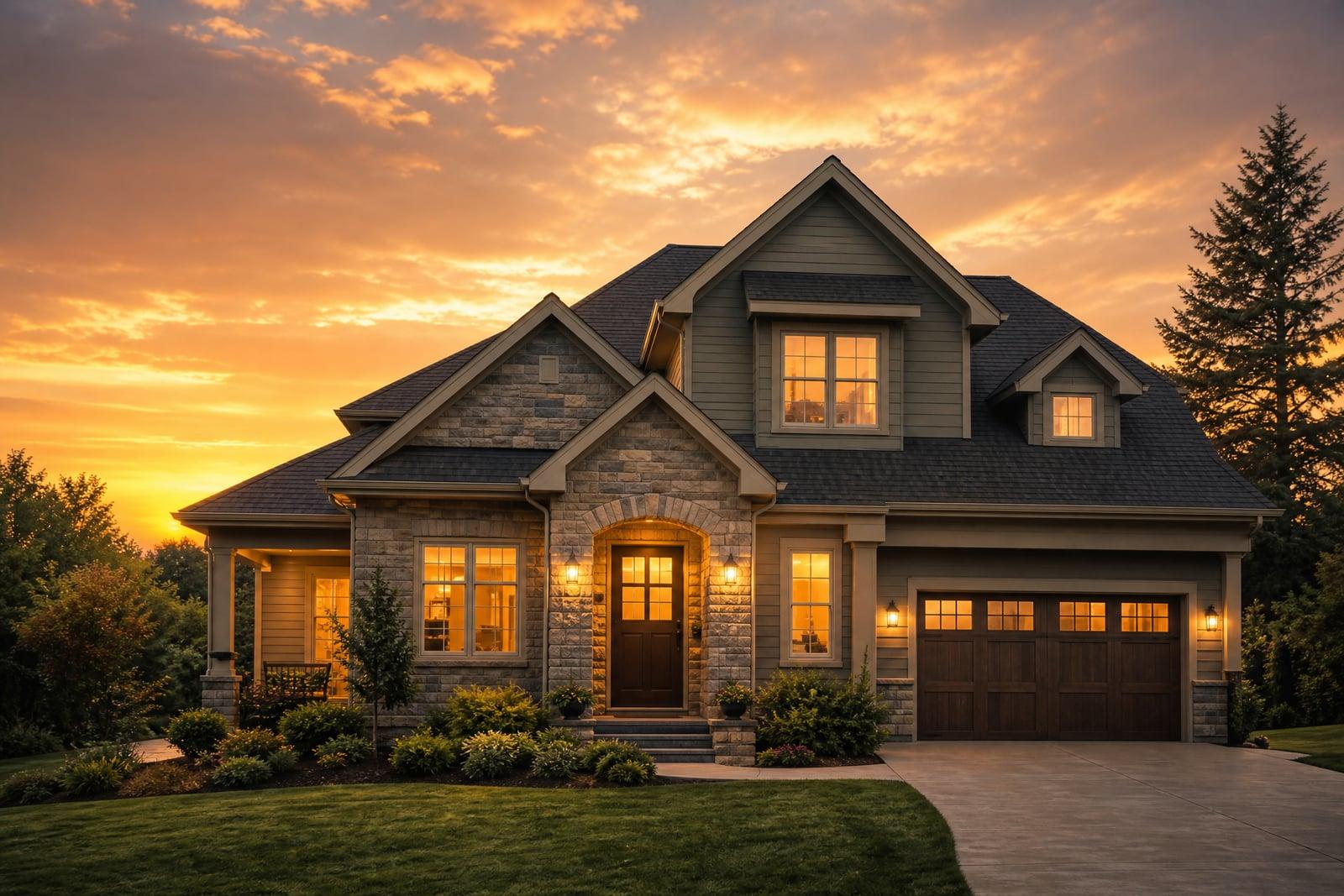 Sky Replacement adding a golden sunset over a house photo with matched warm lighting