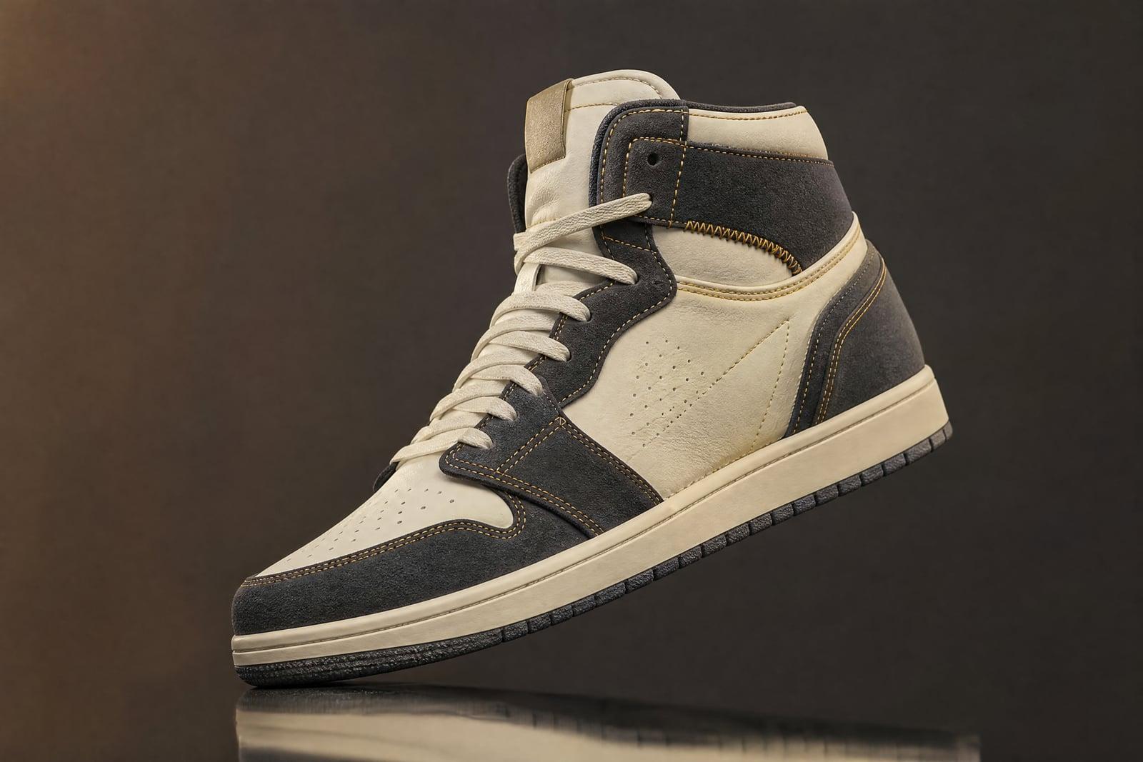 Sneaker Designer concept: custom high-top sneaker render in cream leather and suede